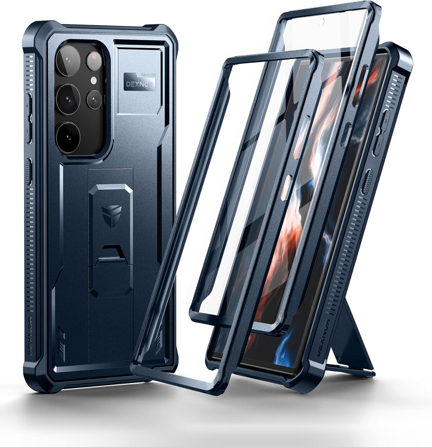 Dexnor Funda de cuerpo completo para Samsung Galaxy S23 Ultra【Marco frontal doble y soporte】, tecnología de amortiguador, protección contra caídas, funda resistente a los golpes, color Azul
