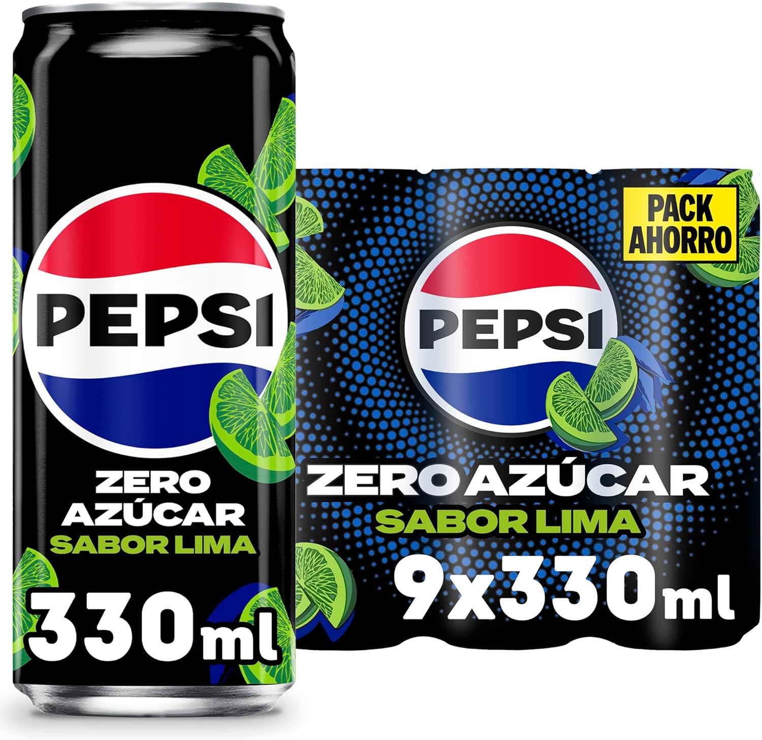 Pepsi zero Lima Refresco de cola con cero azúcar y cero calorías, pack de 9 latas de 330 ml, 2.97 litros en total