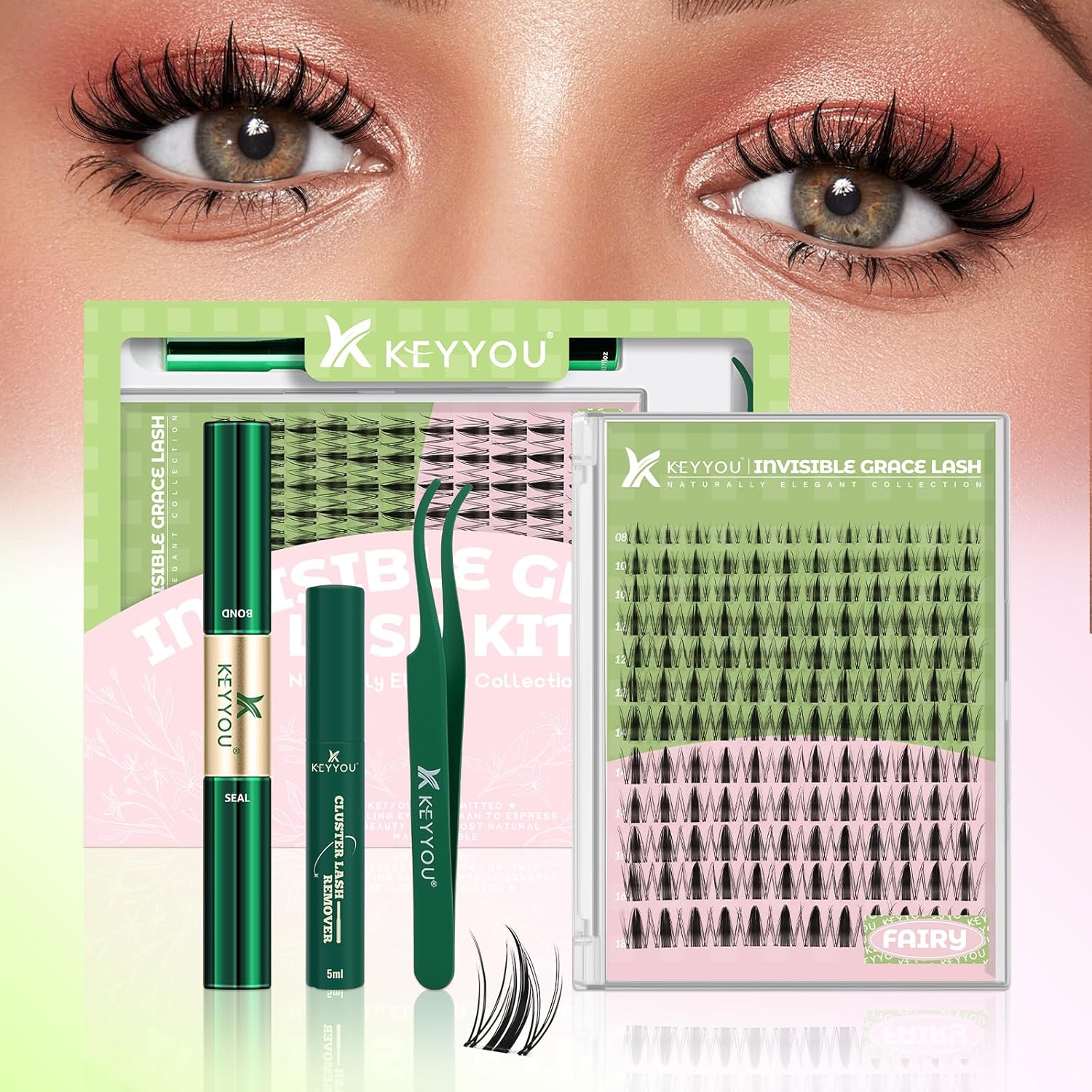 KEYYOU - Kit de extensiones de pestañas Fairy Lash Clusters, Kit de extensiones de pestañas Manga, rizo D, KEYYOU 144 piezas, extensiones de pestañas wispy naturales con banda invisible impermeable en