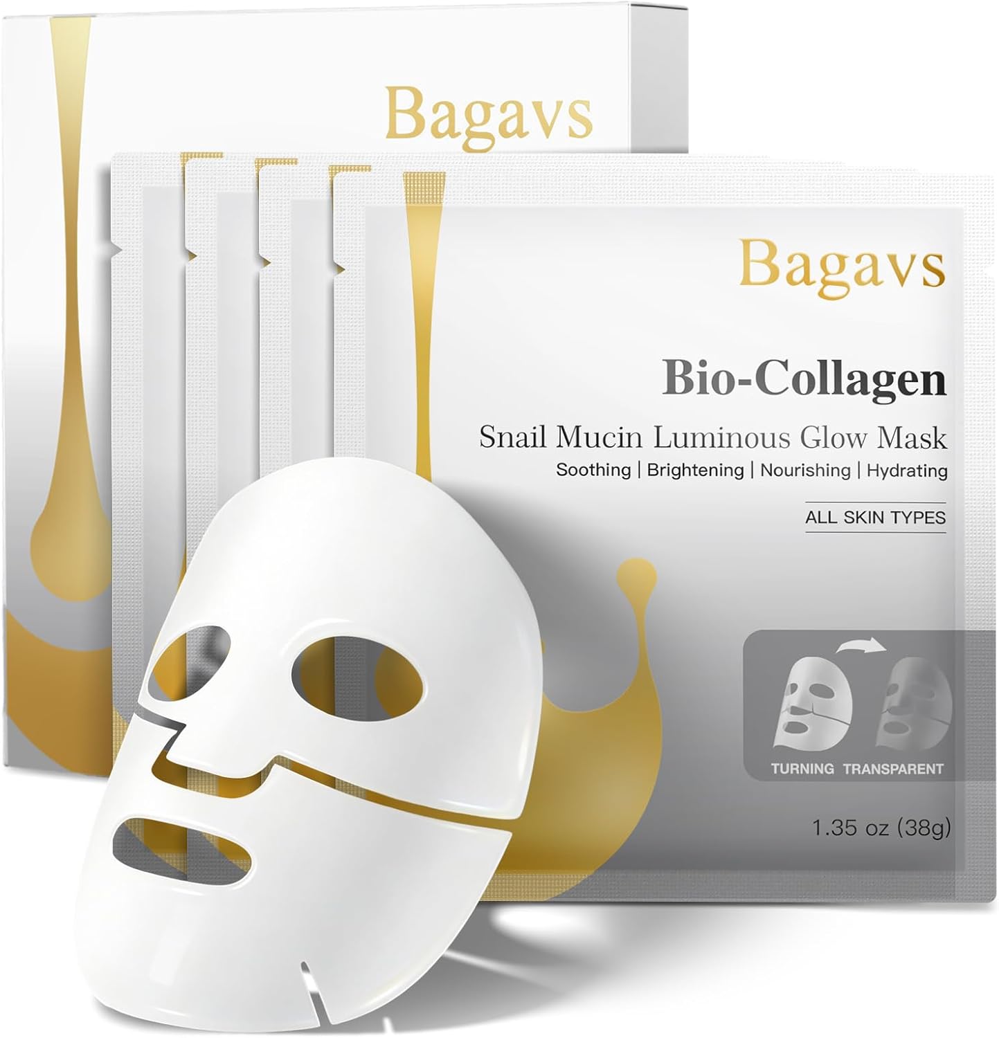 Mascarilla Facial de Bio-Colágeno con Baba de Caracol, Hidratación Profunda, Antiarrugas, Luminosidad y Mejora de la Piel, Ideal para Todo Tipo de Piel, Pack de 4