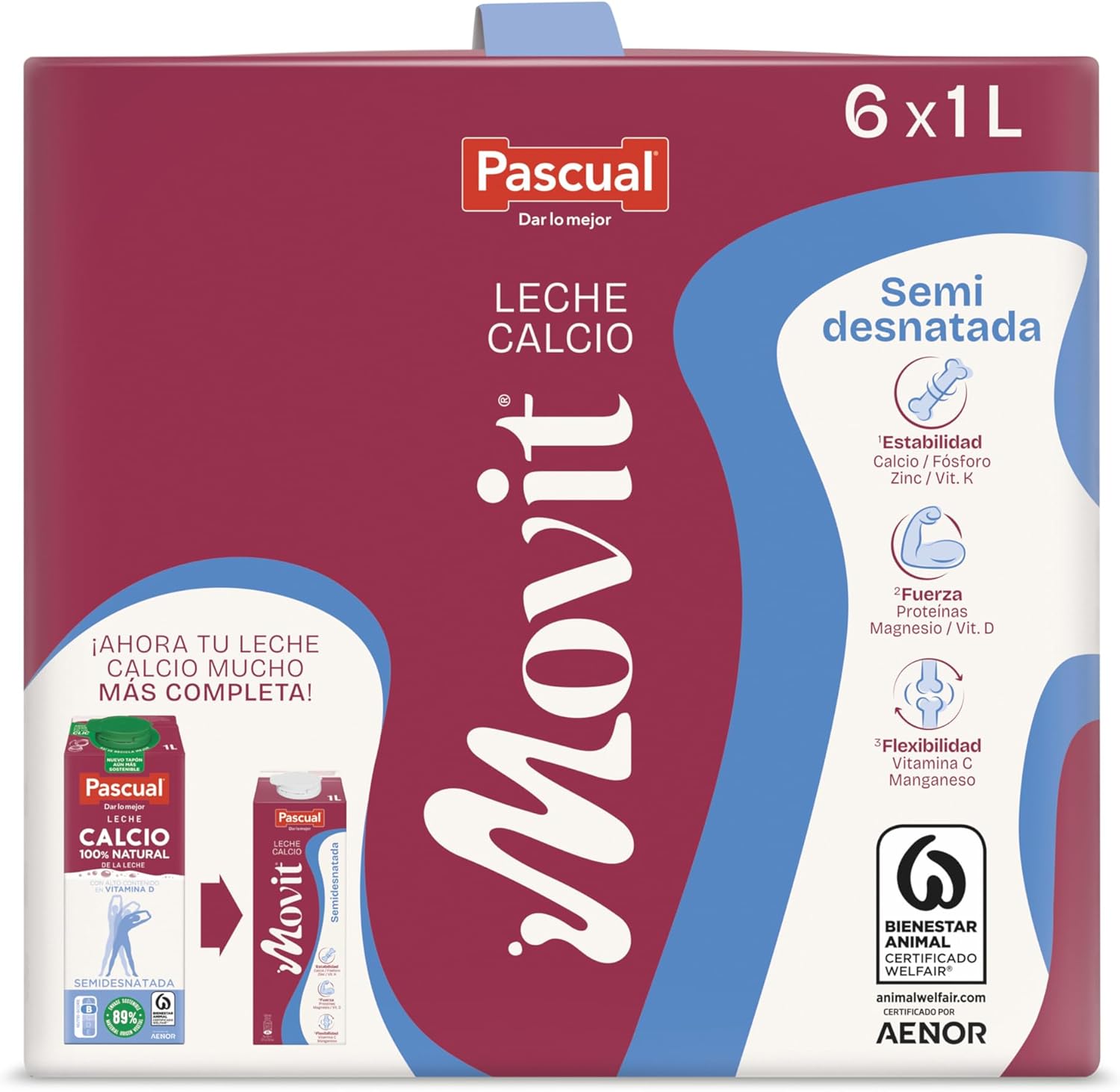 Leche Pascual - Leche Semidesnatada Pascual Movit con Calcio - Bienestar Animal - Pack 6 x 1L - Ideal para niños y adultos, Producto Natural y Saludable