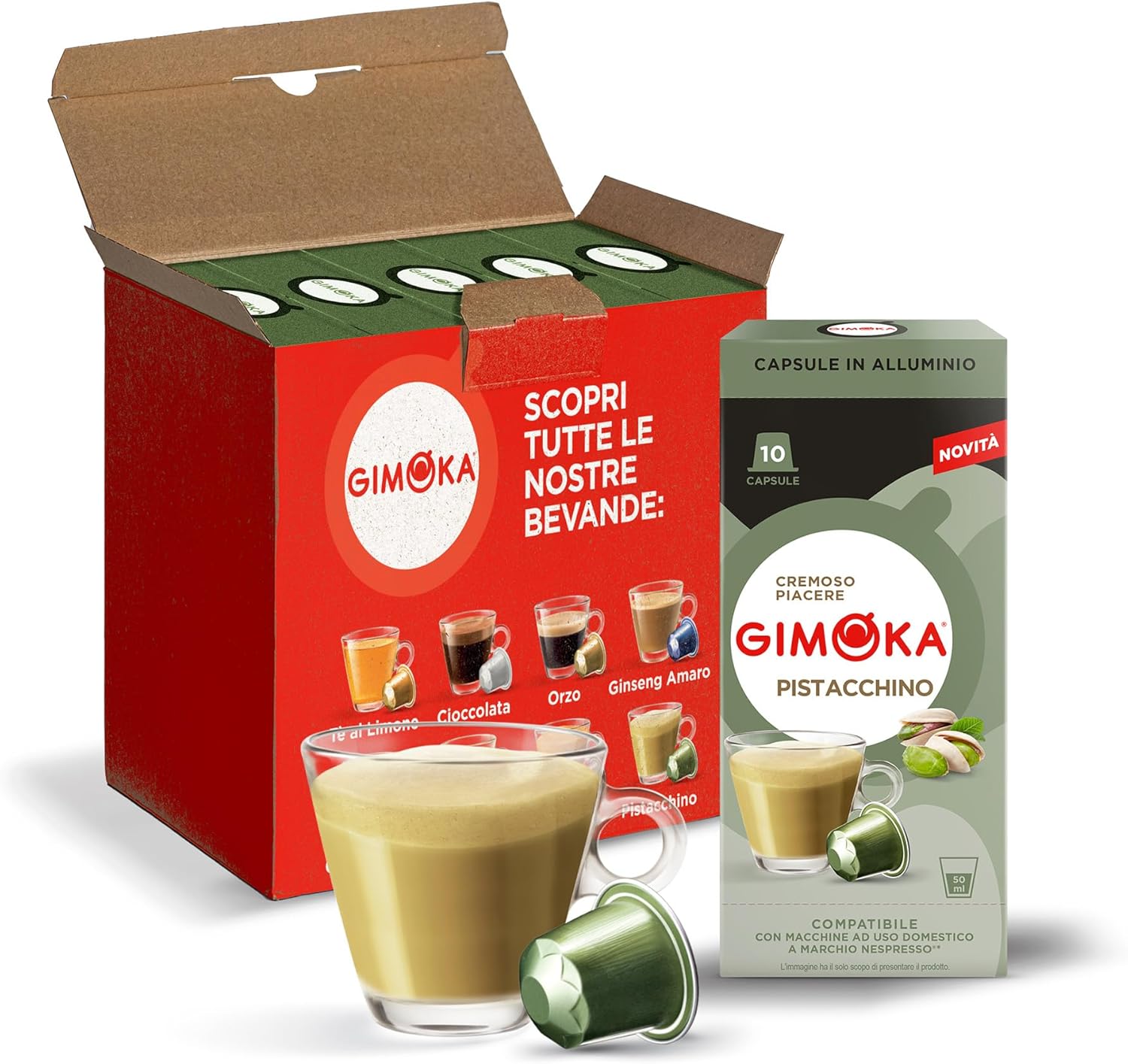 Gimoka, bebida Pistacho Cappuccino - 50 Cápsulas de Aluminio - Compatibles con Máquinas de Café Nespresso - Producido en Italia