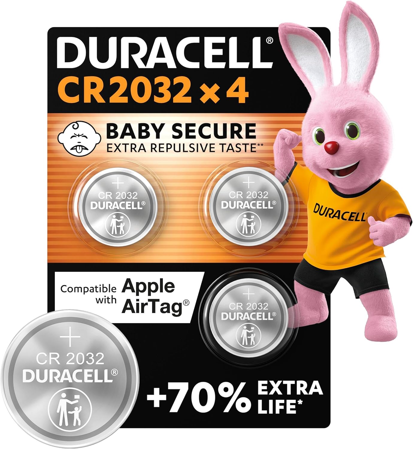 Duracell CR2032 pilas de botón de litio 3 V (paquete de 4) - Hasta un 70 % extra duración - Tecnología Baby Secure - Para Apple AirTag, llaves remotas, dispositivos domésticos, deportivos y médicos