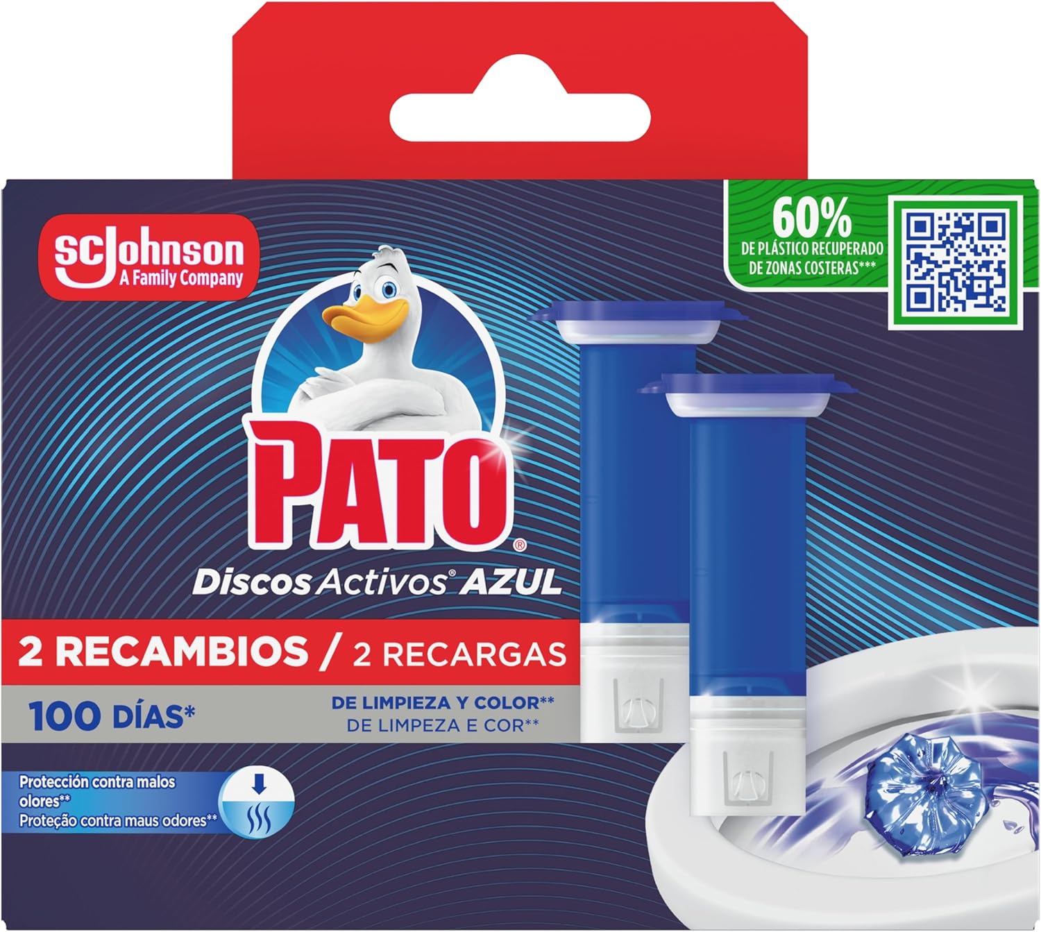 Pato Discos Activos WC Agua Azul, Colorea el Agua de Azul, Limpia, Refresca y Perfuma el Inodoro, Eficacia 360°, 2 Recambios = 12 Discos