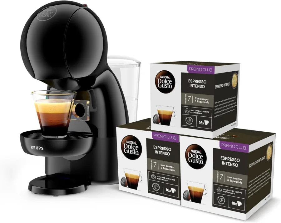 KRUPS Dolce Gusto Piccolo XS, Cafetera Cápsulas + Café, Negra | 15 Bares, Capacidad 0,8L, Potencia 1500W, Multibebidas frías y calientes, Manual, Compacta, Incluye 3 packs café