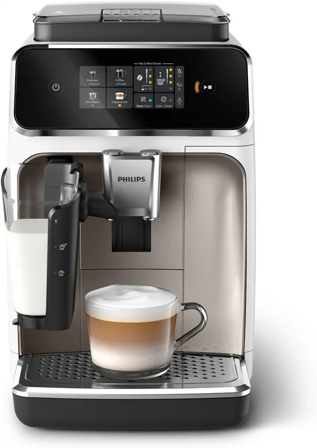 PHILIPS 2300 Cafetera Superautomática LatteGo, 4 bebidas, Cromo Blanco | Cafetera espresso, molinillo cerámico, SilentBrew 40% más silencioso, pantalla táctil, espumador de leche LatteGo (EP2333/40)