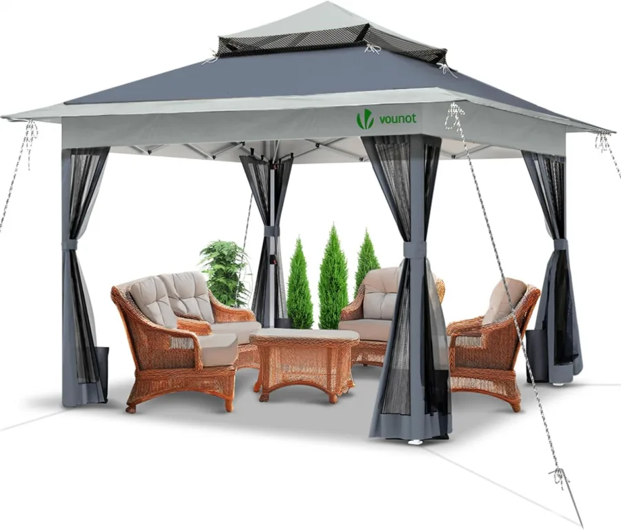 Carpa Plegable Gazebo 3.6x3.6m con Laterales de Malla, Cenador Pabellón Pop Up de Jardín Techo Doble y Bolsas de Arena, Protección UV