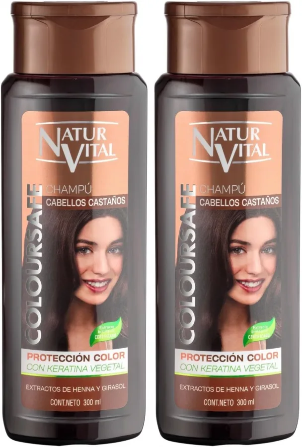 NaturVital - Champú Colorante ColourSafe para Cabellos Castaños, Sin Parabenos ni Siliconas, para Pelo Teñido o Natural, con Keratina Vegetal, Protege el Color, 300 ml (Paquete de 2)