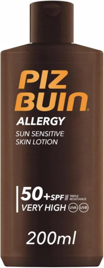 Piz Buin Allergy Sun Sensitive Skin Lotion FPS 50, Protector Solar, 200 ml | Para el Cuerpo, Protección Muy Alta, Resistente al Agua, Filtros UVA/UVB, Mejora la Tolerancia al Sol, Para Piel Sensible