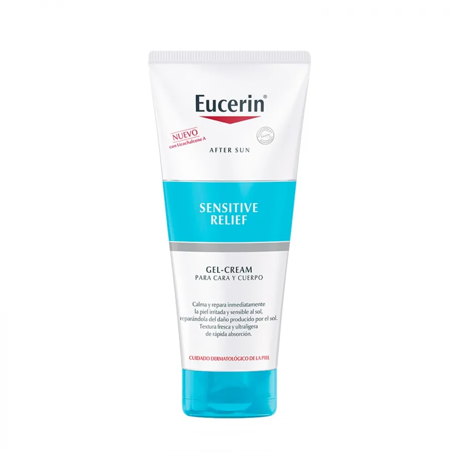 Eucerin After Sun Sensitive Relief Gel-Crema (200 ml), crema de cuerpo y cara aftersun, calmante y regeneradora, hidratante corporal y facial ligero para piel sensible con tendencia a alergias solares