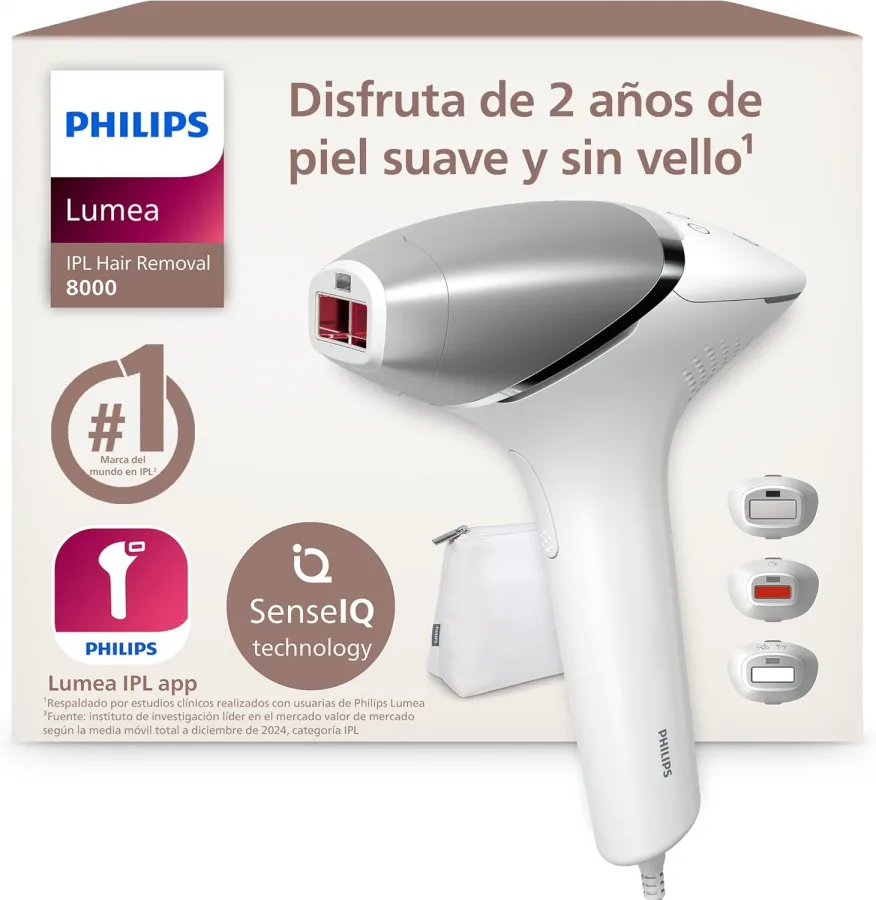 Philips Lumea serie 8000, dispositivo de depilación IPL, alternativa al láser, SenseIQ, 3 accesorios para cuerpo, cara y zonas de precisión, BRI946/00