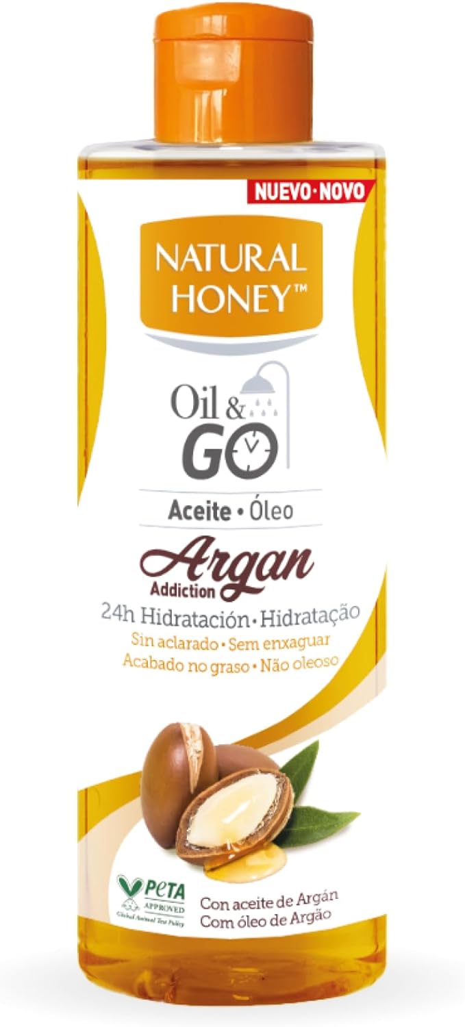 Natural Honey, Oil & Go Aceite de Ducha sin Aclarado con Argán Natural, 24H de Hidratación Profunda, Absorción Rápida, Acabado No Graso, Reafirmante, Nutritivo y Revitalizador, 250 ml
