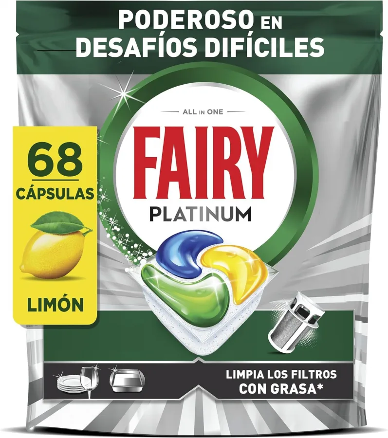 Fairy Platinum Cápsulas De Lavavajillas, Limón, 34 Cápsulas, Potente Incluso Con Los Restos De Comida Más Difíciles, Platos Limpios, Lavavajillas Brillante, Filtro Limpio Sinasa (Paquete de 2)