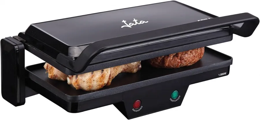 Parrilla Electrica Grill. Plancha Eléctrica 3 en 1. 1000 W, Placas Mixtas Antiadherentes 27 x 14 cm, Placa Superior Baja Recta. Apertura 180 grados, libre de PFOA