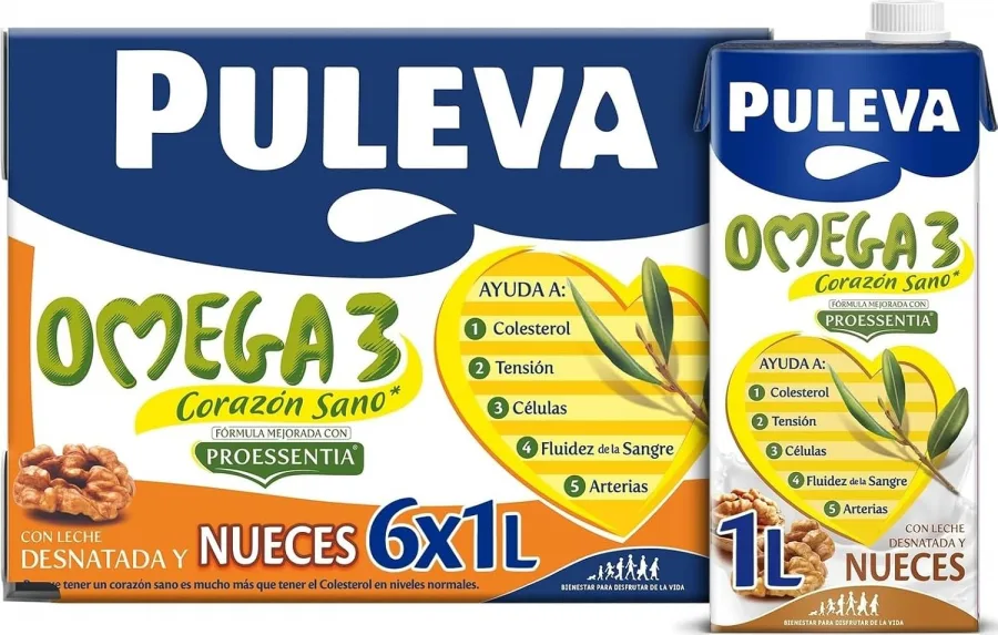 Puleva Omega 3 Proessentia® Nueces brik 1L - Caja 6 litros | Leche con Omega 3 sabor nueces, ayuda al funcionamiento normal del corazón. Enriquecida con vitaminas A, D y E. Pack 6x1L.