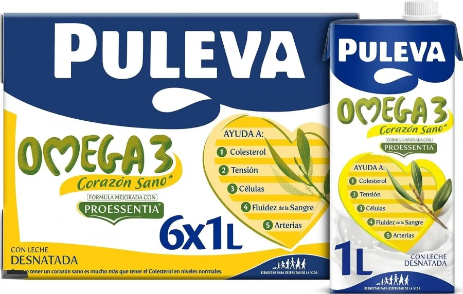 Puleva Omega 3 Original con Proessentia® brik 1L - Caja 6 litros | Leche con Omega 3 y Proessentia, ayuda al funcionamiento normal del corazón. Enriquecida con vitaminas A, D y E. Pack 6x1L.