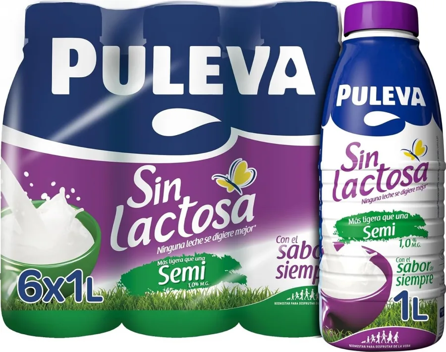 Puleva - Leche Puleva Sin Lactosa Semidesnatada 1 % M.G., Fácil de Digerir, Rico en Calcio y Vitaminas A, D y E, Ideal para Intolerantes a la Lactosa, Pack 6 x 1 L