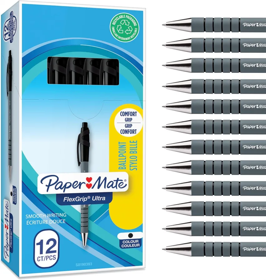 Paper Mate Flexgrip Ultra bolígrafo retráctil | punta mediana (1,0 mm) | negro | Material escolar | caja de 12