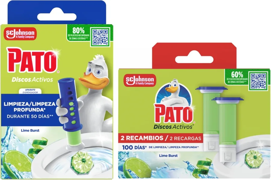 Pato Discos Activos WC Lima, Limpia, Refresca y Perfuma el Inodoro, Eficacia 360°, Pack 1 Aparato + 3 Recambios = 18 discos