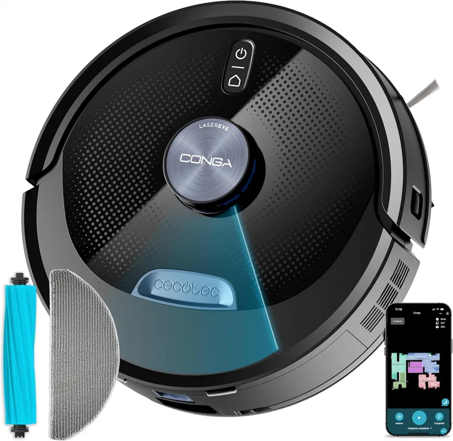 Cecotec Robot Aspirador y Friegasuelos con IA Conga M90 Dark. Navegación Láser, Succión del Motor 25000Pa, Autonomía 240mins, Cepillo Silicona, para Mascotas, Bluetooth y WiFi, Control App