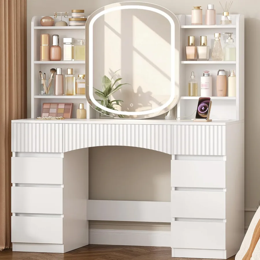 Tocador de Maquillaje, Tocador con Espejo HD Grande, Iluminación LED, Regleta de Enchufes, 9 Cajones, 11 Espacio de Almacenamiento, Apto para Dormitorio, Blanco