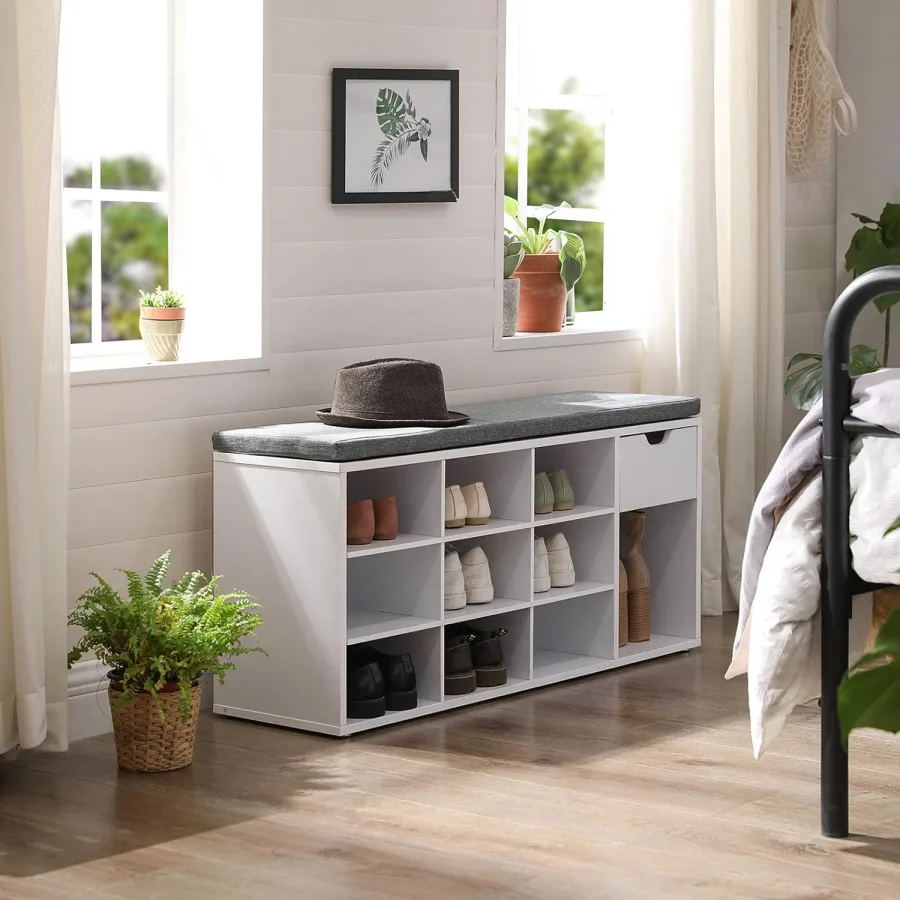 Zapatero con Asiento y Cojín, Banco para Zapatos con Estante, Asiento Acolchado, para Entrada Pasillo Dormitorio, 30 x 104 x 48 cm, Blanco y Gris